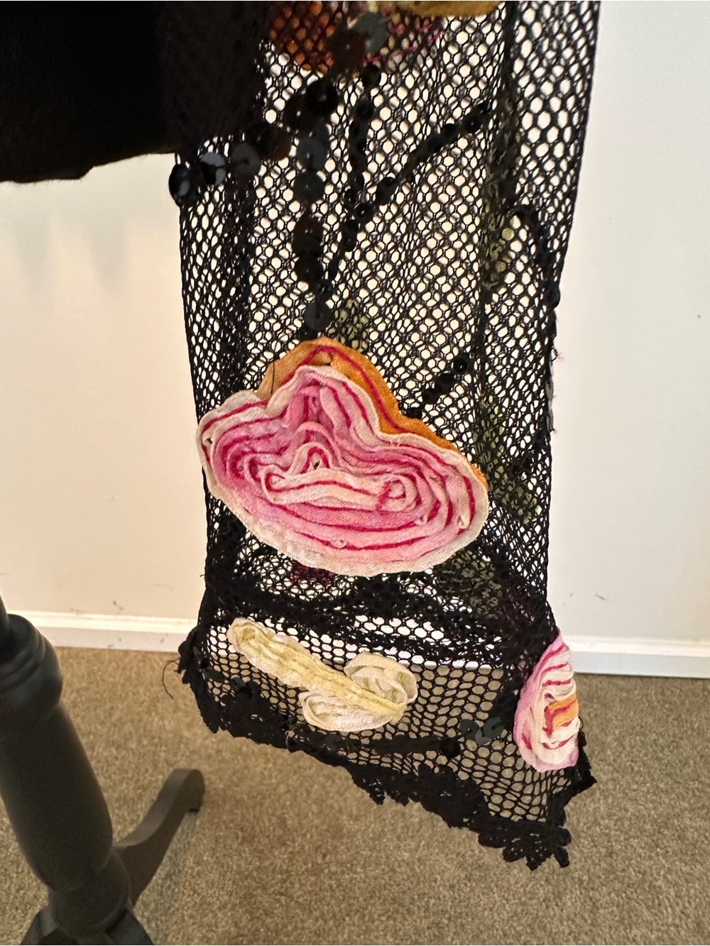 ⭐️ Black Sheer Mesh Cardigan with Pink, Yellow & Orange Appliqués - Picture 2 of 12